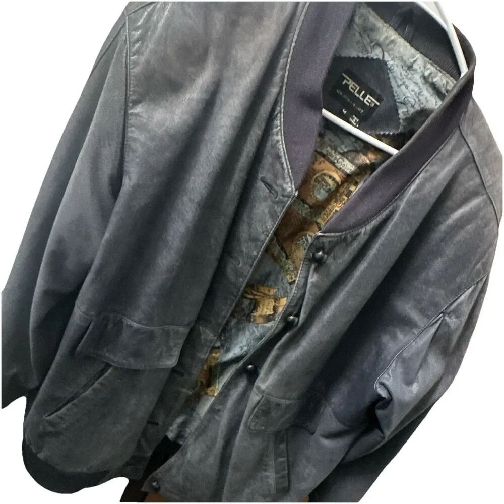 Pelle Mens M Genuine Leather Bomber Jacket Black Snap Front Missing 2 Buttons